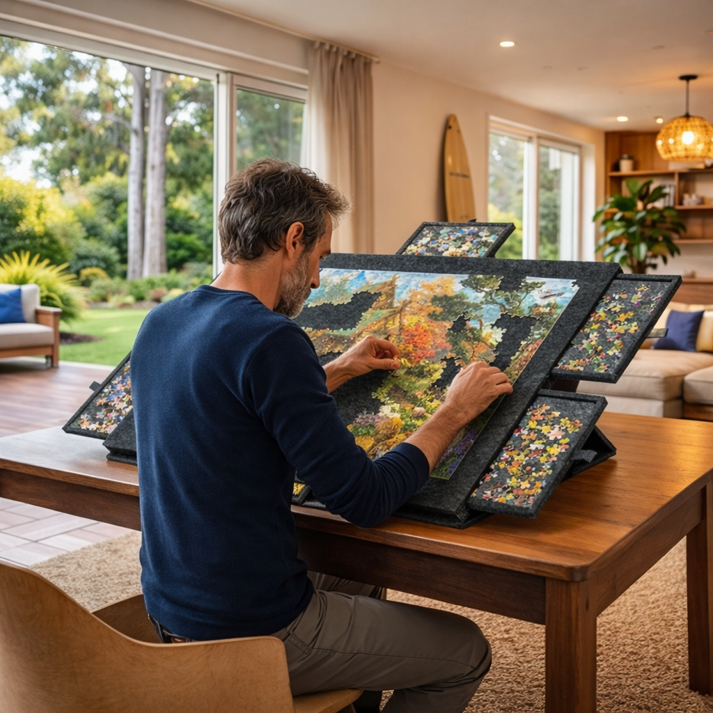 Man assembling a puzzle on a large wooden table in a living room with a garden view.