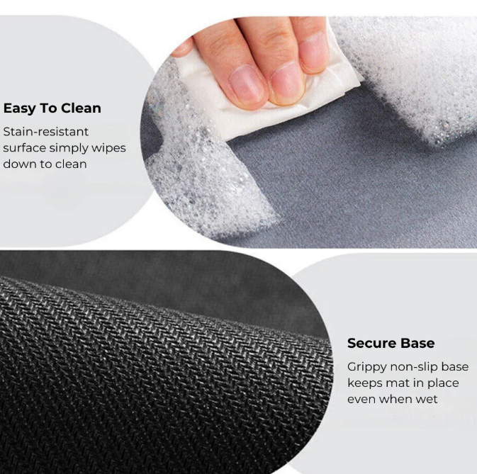 Textured mat with a hand wiping it and close-up of the surface, highlighting ease of cleaning and secure base.